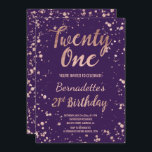 Roos gouden confetti paarse spatten 21e Verjaardag Kaart<br><div class="desc">Faux roos gouden confetti splatters 21st Birthday .Een moderne 21st Birthday party uitnodiging met moderne, originele en eenvoudige faux roos gouden folie uitnodiging met roos gouden confetti splatters en handgeschreven stijl borstel typografie op een volledig aanpasbare paarse druif kleur achtergrond. ... Als u een tekst moet wijzigen en aanpassen, aarzel...</div>