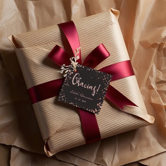 Roos gouden Confetti Quinceanera Gracias | Elegant Bedankjes Labels