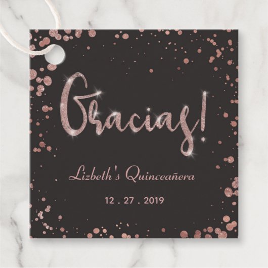 Roos gouden Confetti Quinceanera Gracias | Elegant Bedankjes Labels (Voorkant)