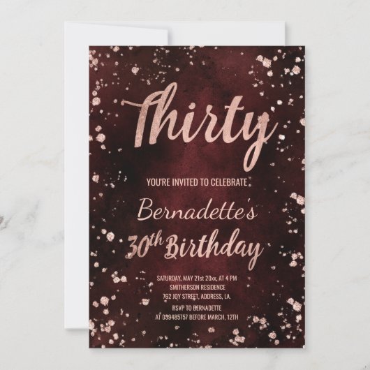 Roos gouden confetti rode waterverf 30ste Verjaard Kaart (Voorkant)