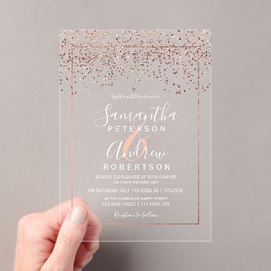 Roos gouden confetti typografie Clear Wedding Acryl Uitnodigingen (Insitu (Draagbaar))