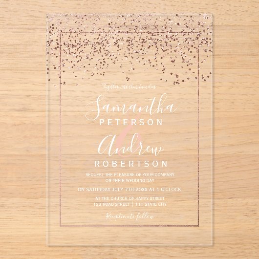 Roos gouden confetti typografie Clear Wedding Acryl Uitnodigingen (Voorkant)