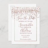 Roos gouden confetti wit script opslaan van de dat aankondigingskaart (Voorkant / Achterkant)
