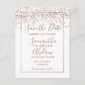 Roos gouden confetti wit script opslaan van de dat aankondigingskaart (Voorkant)