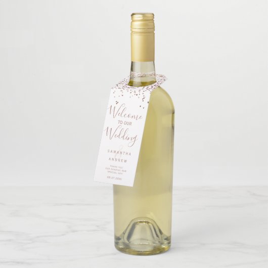 Roos gouden confetti wit welkom bruiloft flessenhanger (Schuin)