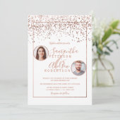 Roos gouden confetti witte cirkel foto bruiloft kaart (Staand voorkant)