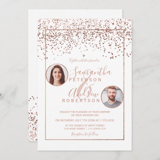 Roos gouden confetti witte cirkel foto bruiloft kaart (Voorkant / Achterkant)