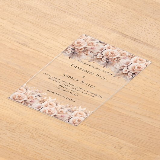Roos gouden crème bloemen Clear bruiloft Acryl Uitnodigingen (Laagn)