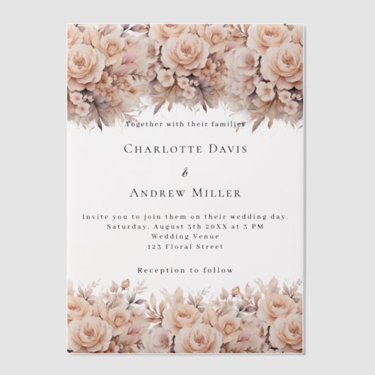 Roos gouden crème bloemen Clear bruiloft Vellum Uitnodigingen (Voorkant)