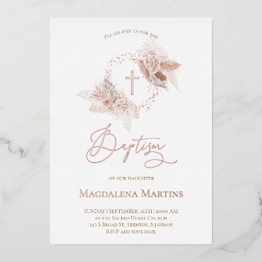 roos gouden details Baptisme boho bloemen Folie Uitnodiging (Voorkant)