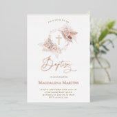 roos gouden details Baptisme boho bloemen Folie Uitnodiging (Staand Voorkant)