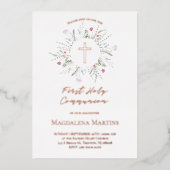 roos gouden details Eerste Communie wilde bloemen Folie Uitnodiging (Voorkant)