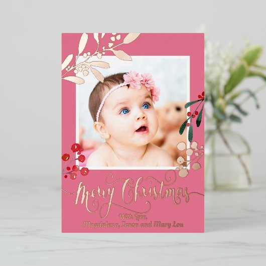 roos gouden details Merry kerstpasgeborenen Folie Feestdagenkaart (Staand Voorkant)