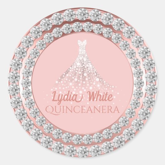 Roos Gouden Diamanten Sparkle Jurk Quinceanera Ronde Sticker (Voorkant)