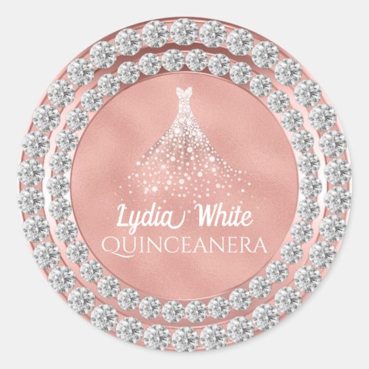 Roos Gouden Diamanten Sparkle Jurk Quinceanera Ronde Sticker (Voorkant)