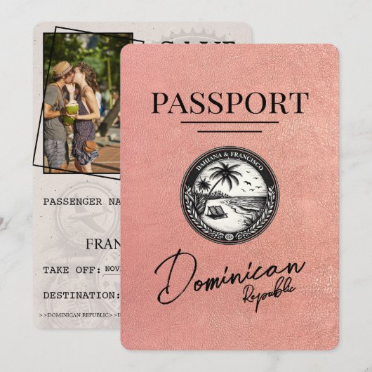 Roos gouden Dominicaanse Republiek paspoort Save The Date (Voorkant / Achterkant)