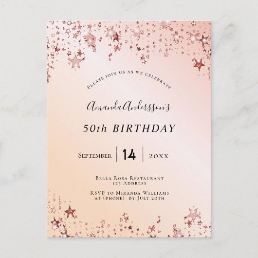 Roos gouden donkerroze sterren moderne briefkaart (Voorkant)