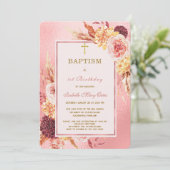 Roos gouden doop en eerste verjaardag kaart (Staand voorkant)