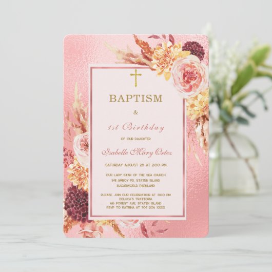 Roos gouden doop en eerste verjaardag kaart (Staand voorkant)