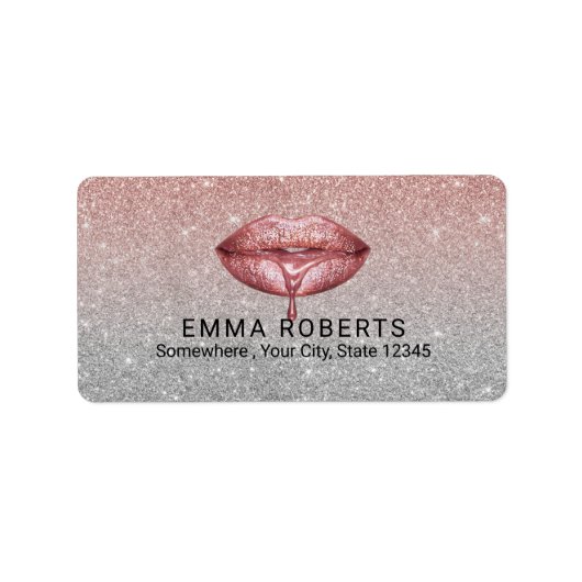 Roos Gouden Dripping Lips Zilveren Glitter Salon Etiket (Voorkant)