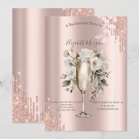 Roos Gouden Drips Bloemen Wijnglas Bachelorette Kaart (Voorkant / Achterkant)