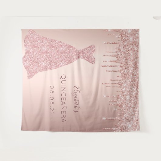 Roos gouden druppels roze jurk Quinceanera Wandkleed (Voorkant (horizontaal))