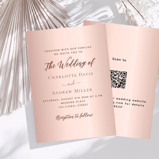 Roos gouden eenvoudige QR code RSVP luxe bruiloft Kaart