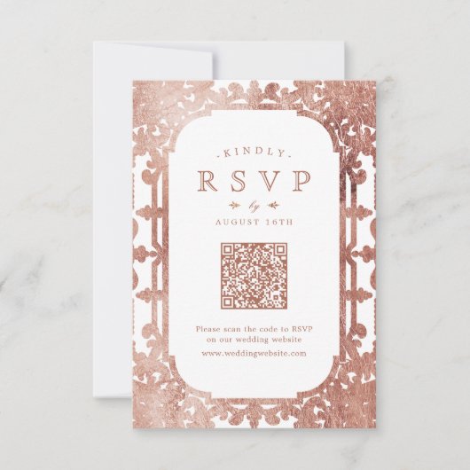Roos Gouden elegante  romantische  QR-code RSVP Kaartje (Voorkant)