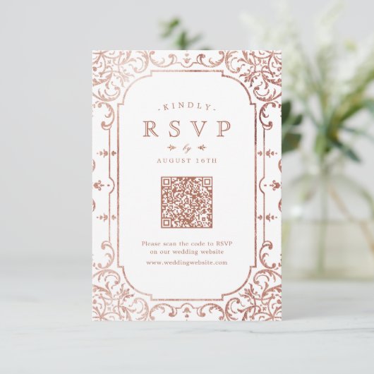 Roos Gouden elegante  romantische  QR-code RSVP Kaartje (Staand voorkant)