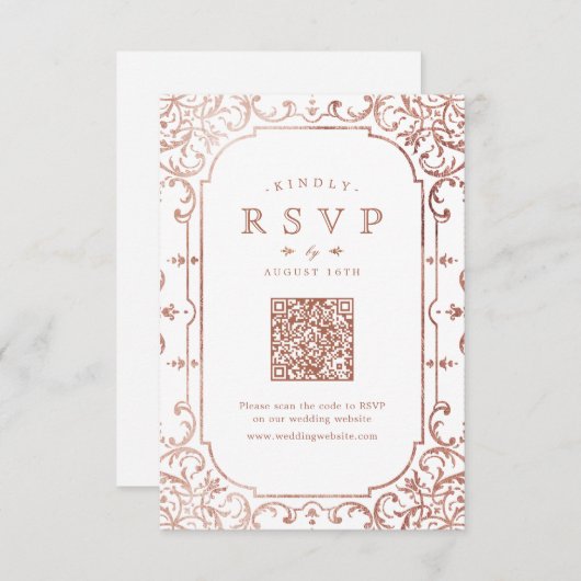 Roos Gouden elegante romantische QR-code RSVP Kaartje (Voorkant / Achterkant)
