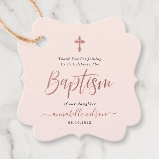 Roos gouden en roze meisje doop dank u bedankjes labels (Voorkant)