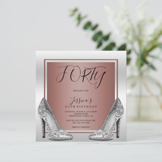 Roos gouden en zilveren stiletto's 40e verjaardag kaart (Staand voorkant)