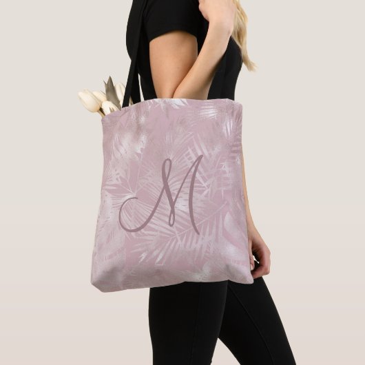 roos gouden faux foli tropica blad monogram canvas tote bag (Dichtbij)