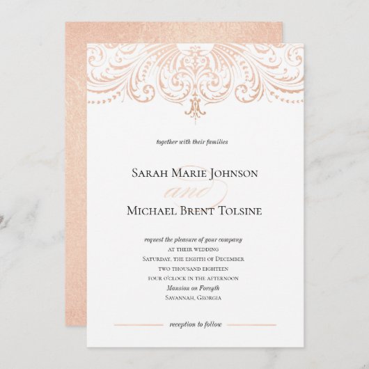 Roos Gouden Faux Folie Boho Chic Bruiloft Uitnodig Kaart (Voorkant / Achterkant)