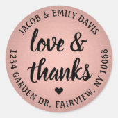Roos Gouden Faux Folie Liefde en Bedankt Retouradr Ronde Sticker (Voorkant)