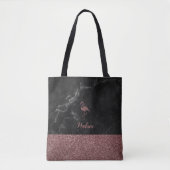Roos Gouden Faux Glitter Flamingo op Zwart Marmer Tote Bag (Voorkant)