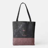 Roos Gouden Faux Glitter Flamingo op Zwart Marmer Tote Bag (Achterkant)
