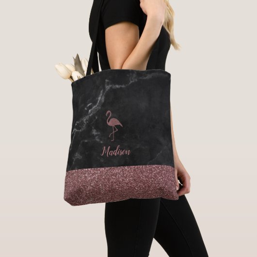 Roos Gouden Faux Glitter Flamingo op Zwart Marmer Tote Bag (Dichtbij)