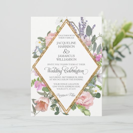 Roos Gouden Faux Glitter Romantisch Geschilderd Bl Kaart (Staand voorkant)