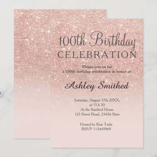 Roos gouden faux glitter roze ombre 100e verjaarda kaart (Voorkant / Achterkant)