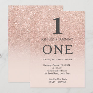 Roos gouden faux glitter roze ombre 1e verjaardag kaart