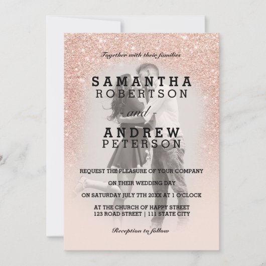 Roos gouden faux glitter roze ombre foto bruiloft kaart (Voorkant)