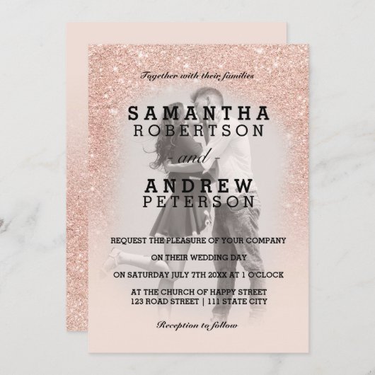 Roos gouden faux glitter roze ombre foto bruiloft kaart (Voorkant / Achterkant)