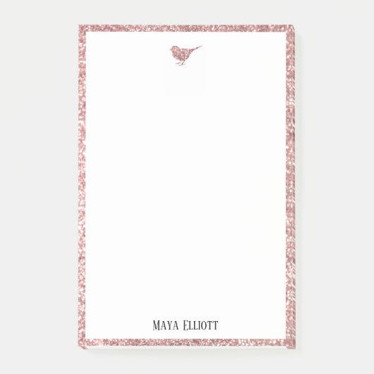 Roos Gouden Faux Glitter Vogel & Rand op Wit Post-it® Notes (Voorkant)