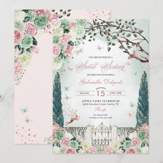 Roos gouden fee betoverde tuin zoet 16 kaart (Voorkant / Achterkant)