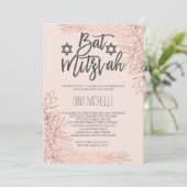 Roos gouden florale blush roze Bat Mitzvah foto Kaart (Staand voorkant)