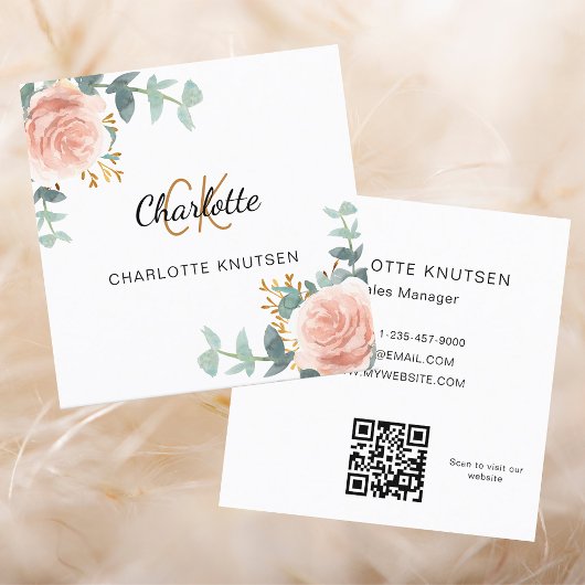 Roos gouden floralen monogram QR code Vierkante Visitekaartje