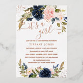 ROOS GOUDEN FOIL Roze Navy Bloemen Baby shower Folie Uitnodiging (Voorkant)