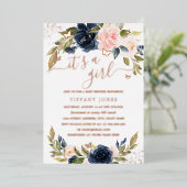 ROOS GOUDEN FOIL Roze Navy Bloemen Baby shower Folie Uitnodiging (Staand Voorkant)