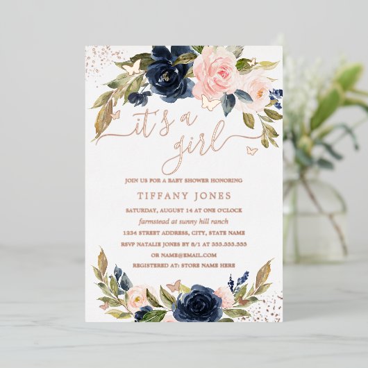 ROOS GOUDEN FOIL Roze Navy Bloemen Baby shower Folie Uitnodiging (Staand Voorkant)